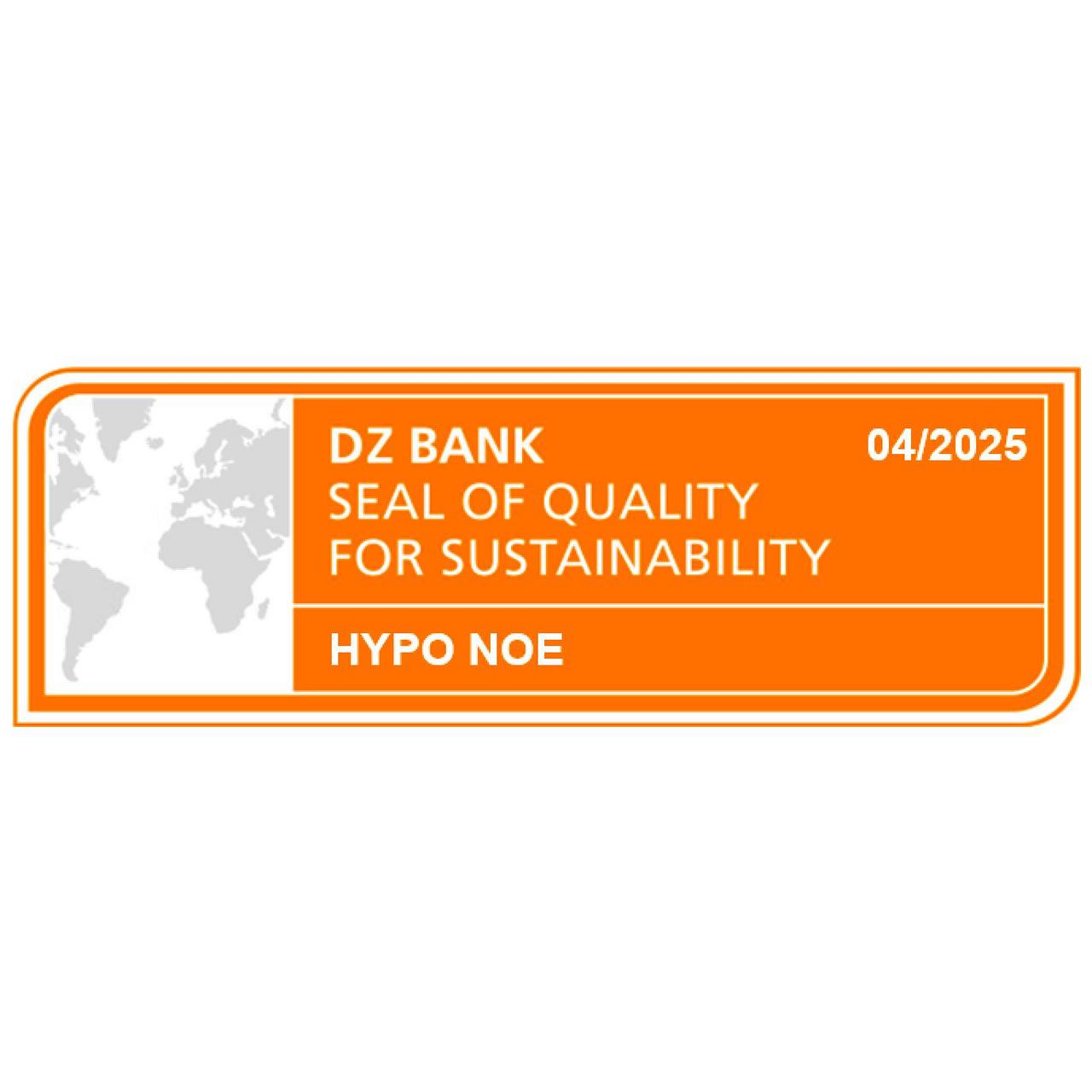 The image shows that DZ Bank issued a sustainability seal to HYPO NOE in April 2025.